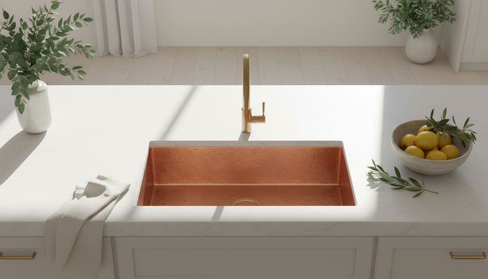 Overhead view of a hand-hammered copper undermount sink in a sunlit white stone countertop