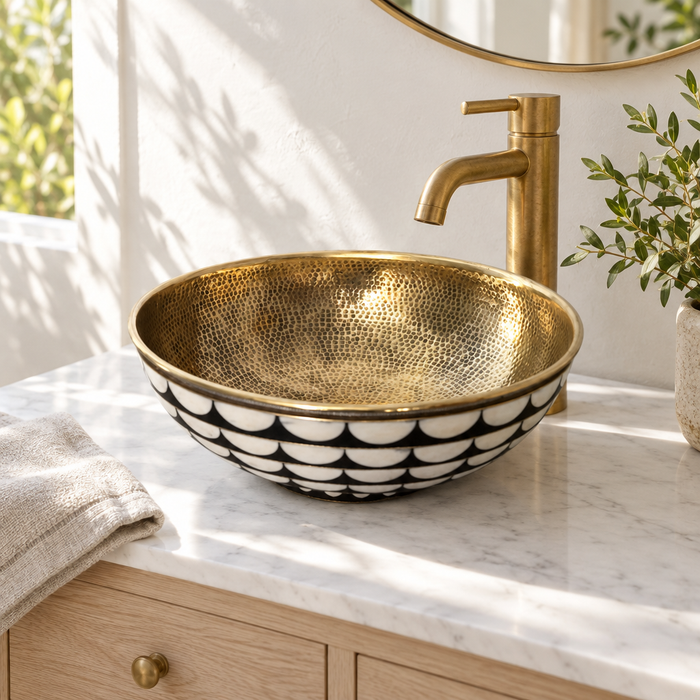Black and White Scallop Brass Vessel Sink installed in a bright bathroom