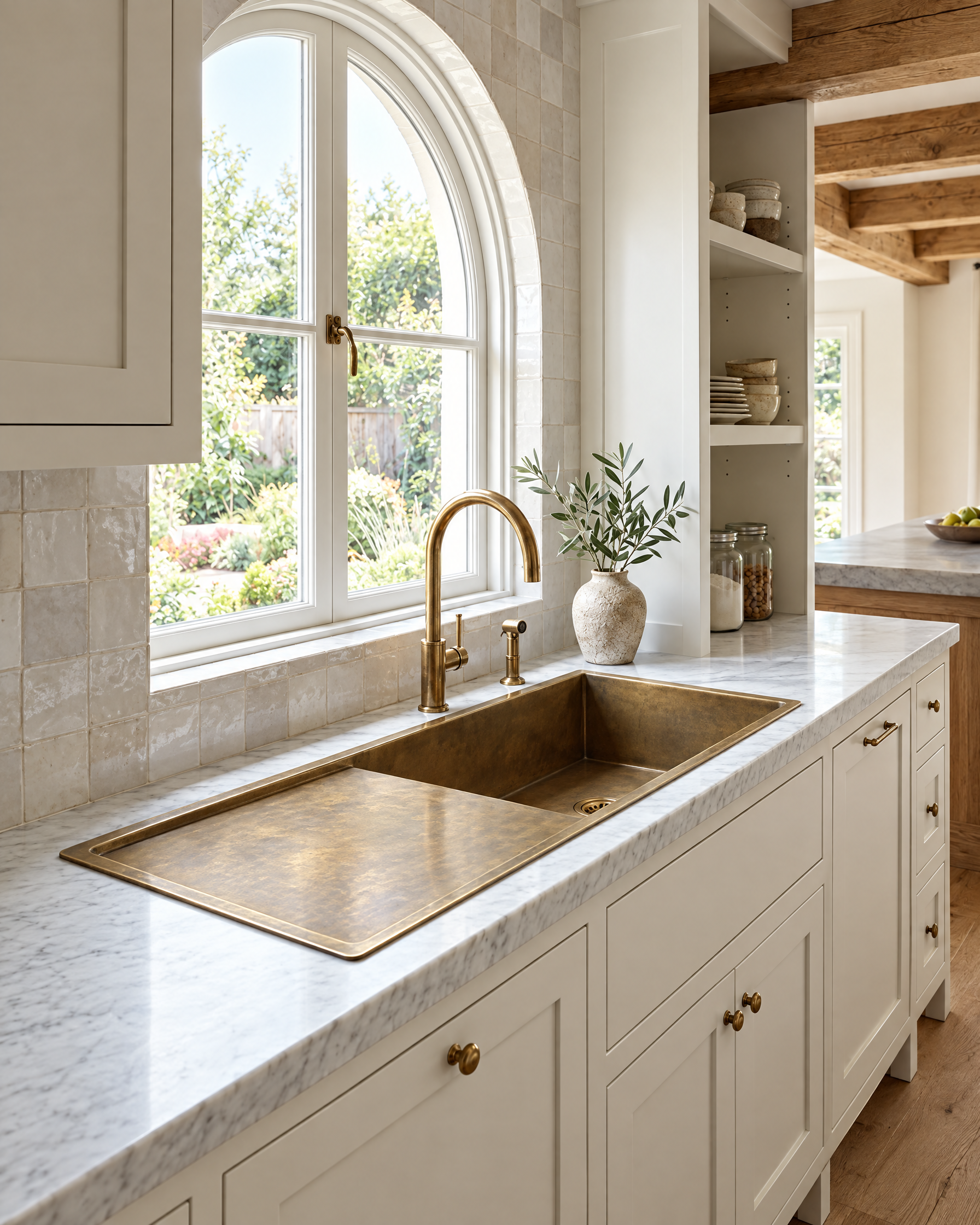 Hand-hammered brass sink under an arched window