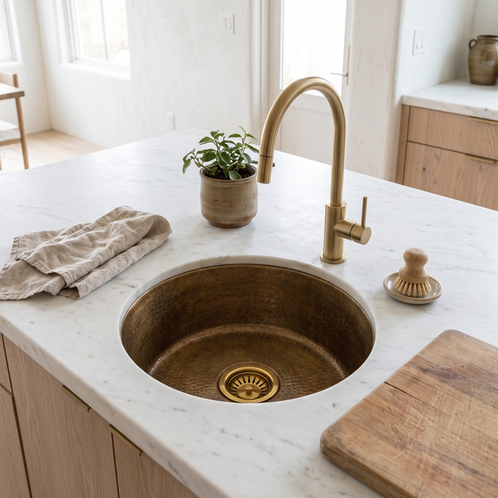 Hammered round brass prep sink undermounted in a white marble kitchen island with a brass basket strainer drain