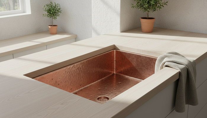 Hand-hammered copper undermount kitchen sink with water droplets in a sunlit white oak kitchen