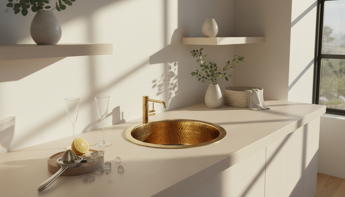 Round hand-hammered brass bar sink undermounted in a pale white oak home bar counter in warm sunlight
