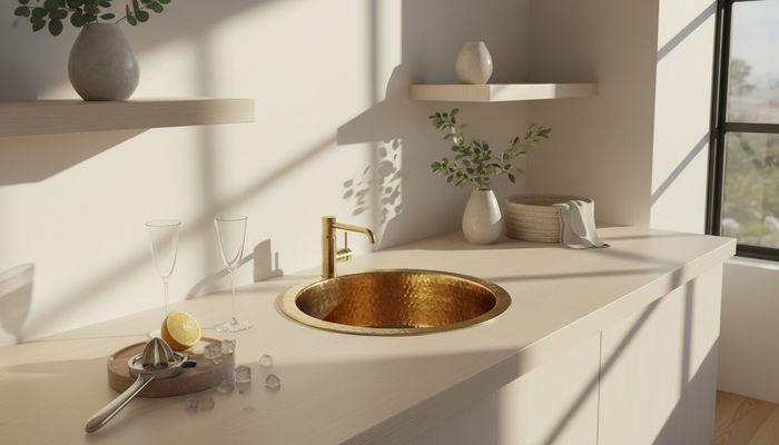 Round hand-hammered brass bar sink undermounted in a pale white oak home bar counter in warm sunlight