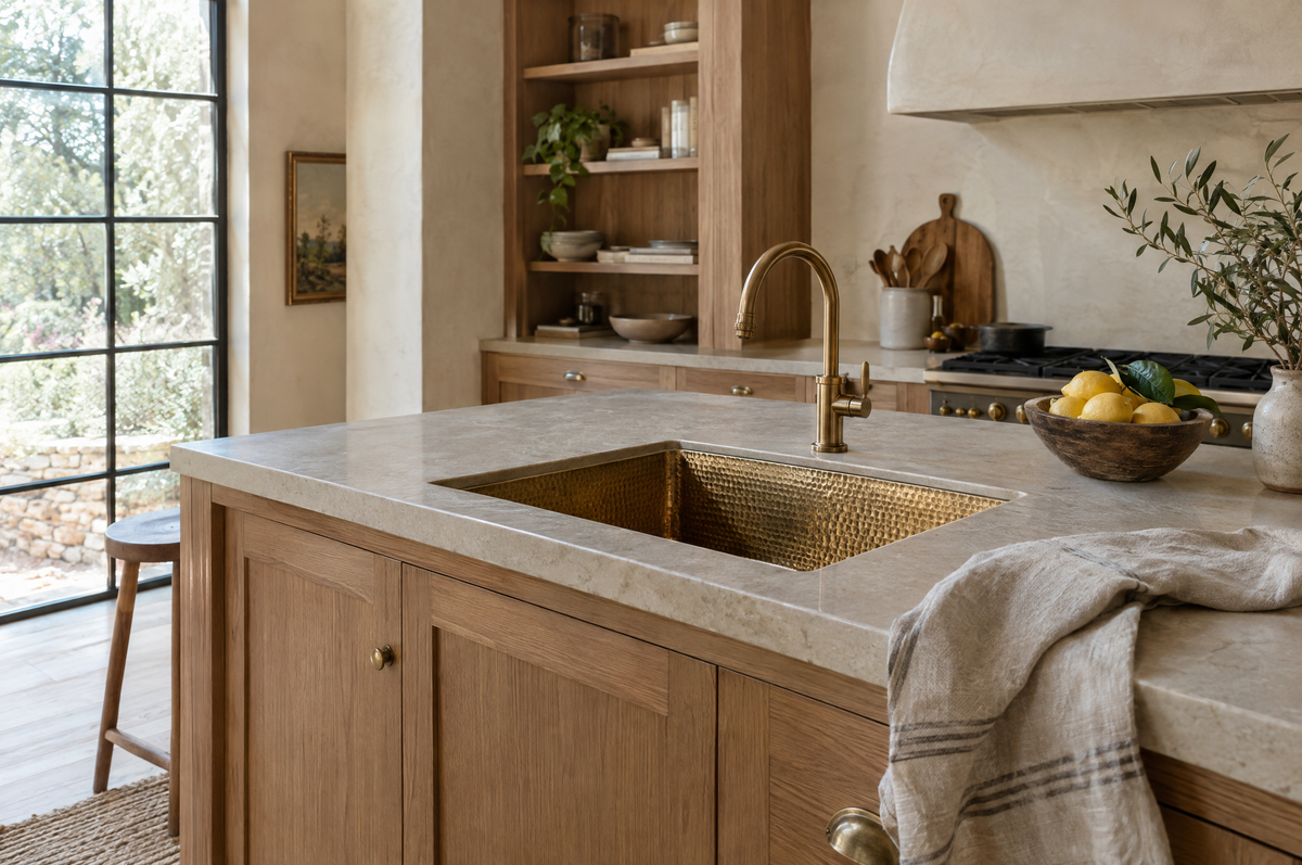 Hand-hammered brass sink set into a kitchen island in warm natural light
