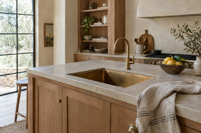 Hand-hammered brass sink set into a kitchen island in warm natural light