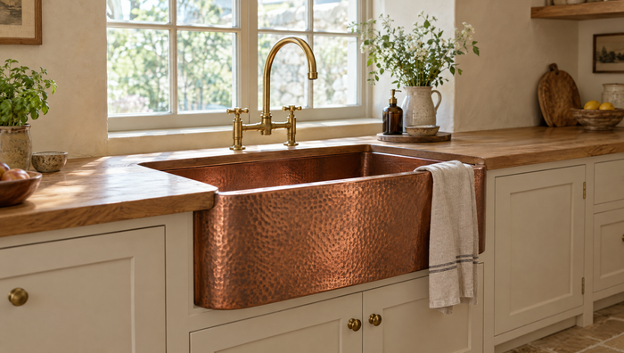 Hand-hammered copper farmhouse sink in a warm cream kitchen