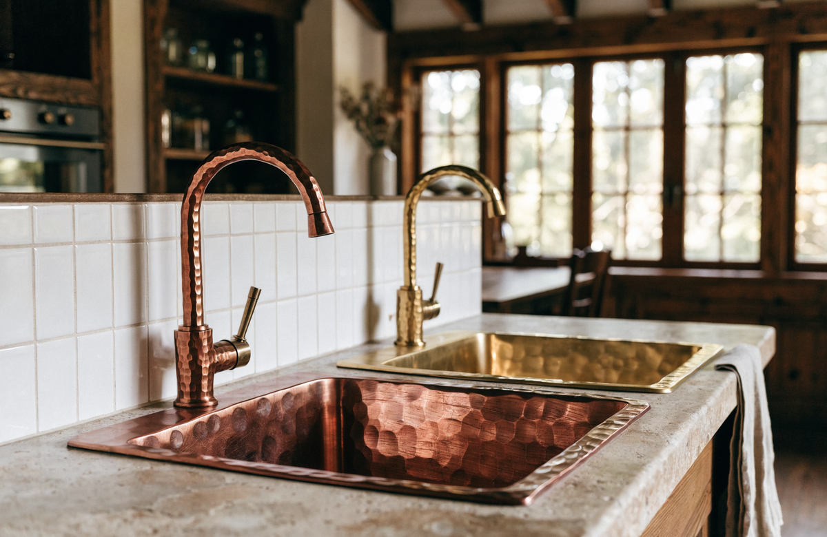 Hand-hammered copper and brass farmhouse kitchen sinks side by side in a bright kitchen