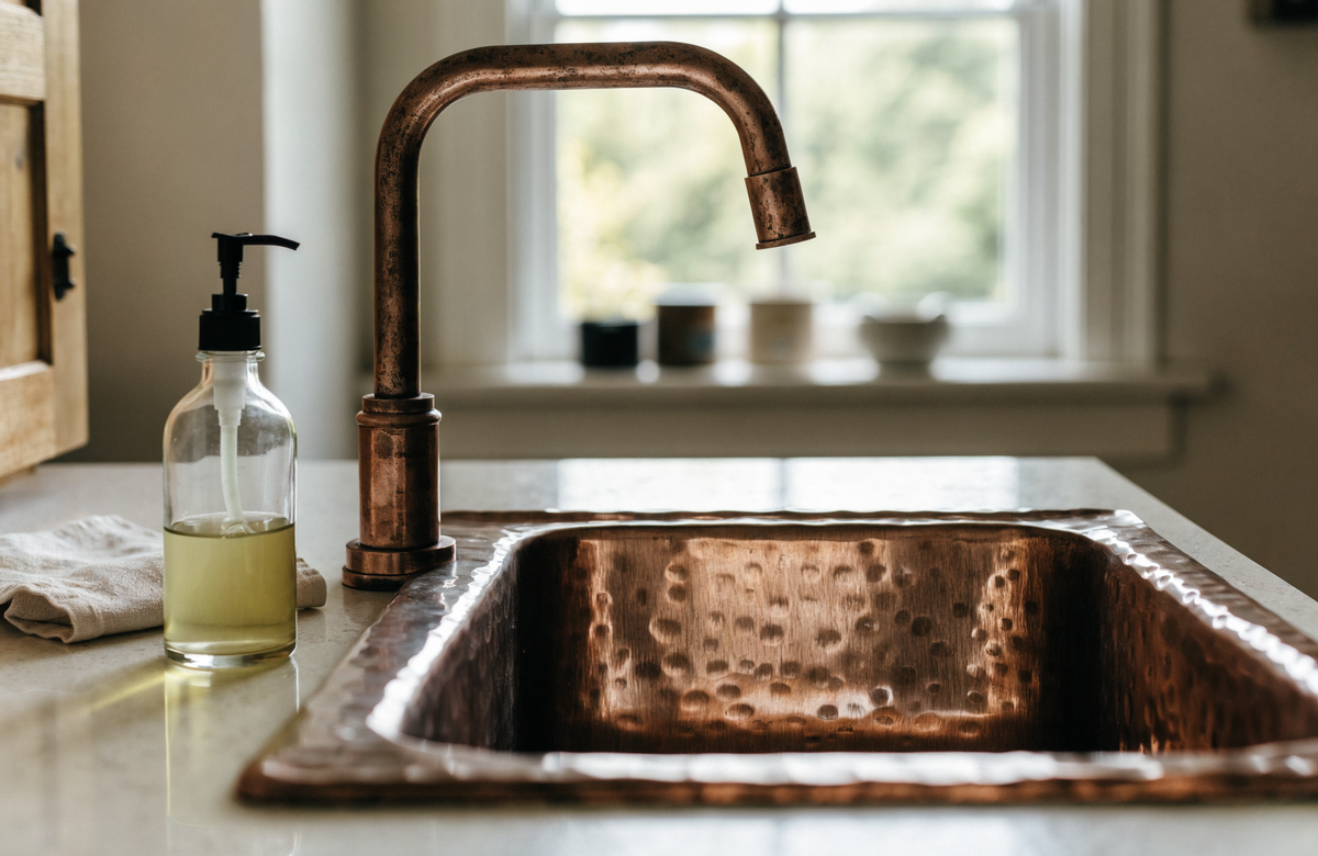 Hand-hammered copper farmhouse sink with a warm brown patina in a bright kitchen