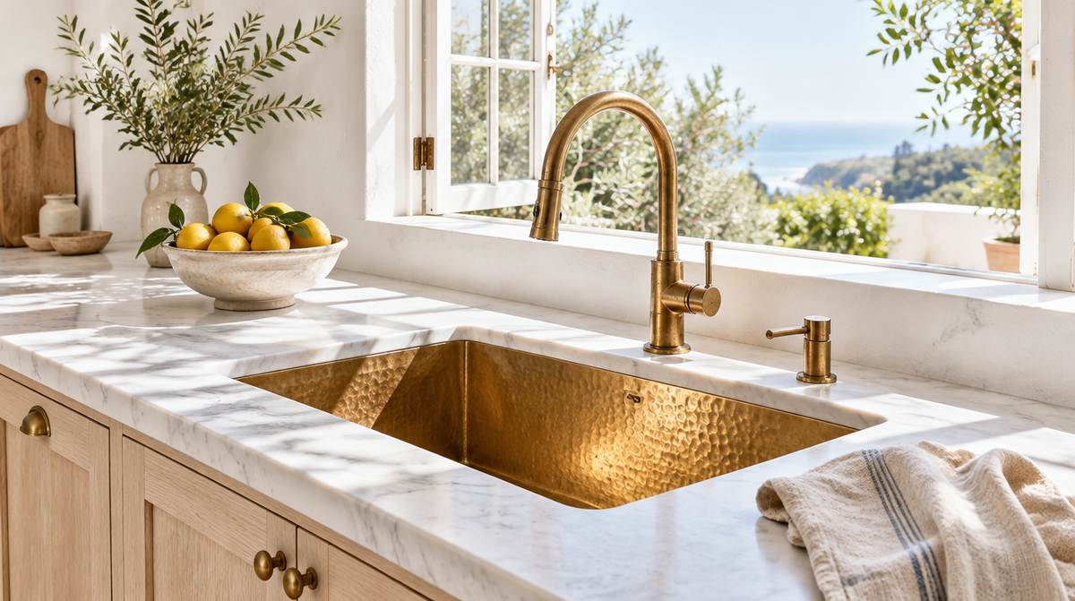 Hand-hammered unlacquered brass undermount sink with a brass gooseneck faucet in a bright, sunlit California kitchen