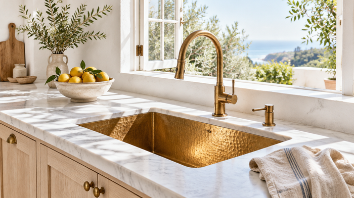 Hand-hammered unlacquered brass undermount sink with a brass gooseneck faucet in a bright, sunlit California kitchen