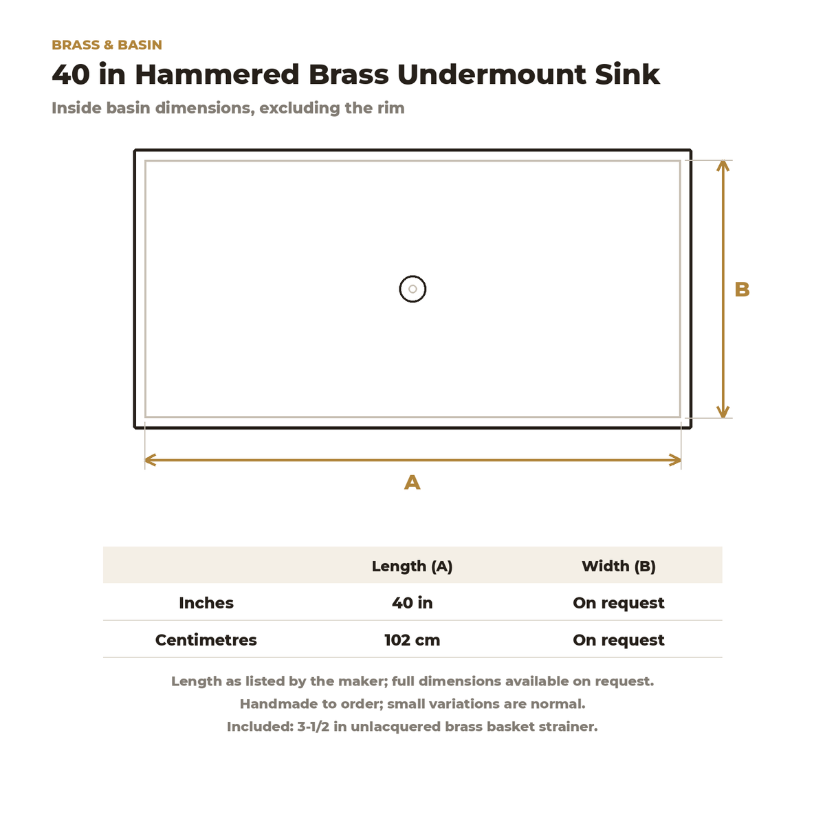 40 inch hammered brass undermount kitchen sink dimension drawing