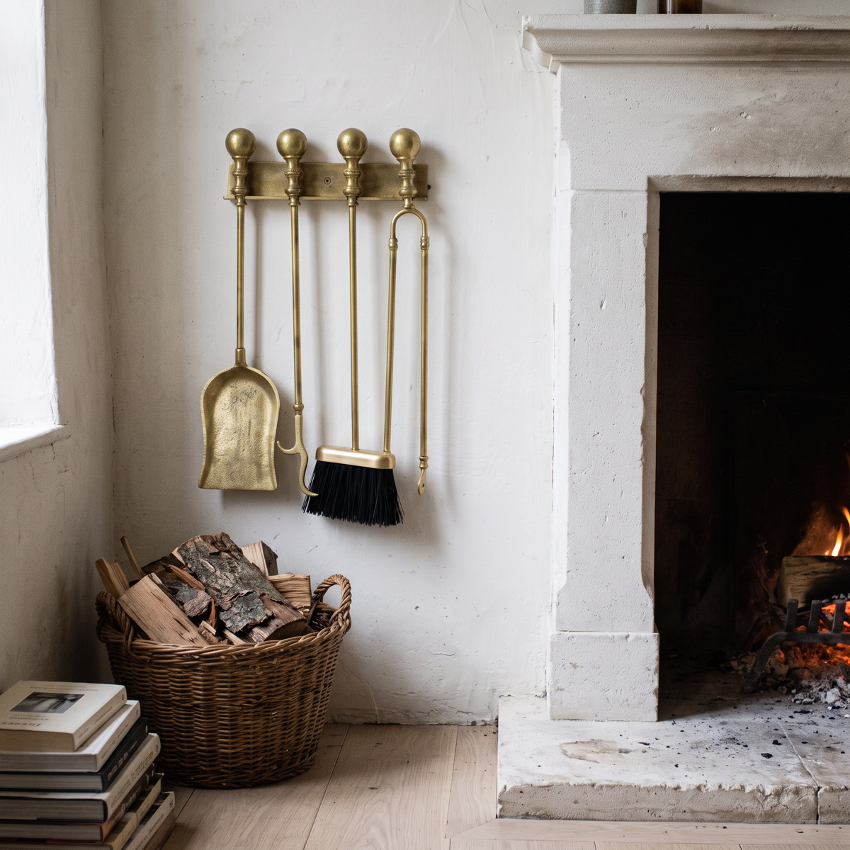 Aged brass wall-mounted fireplace tools beside a limestone fireplace with a log basket