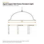 Dimension card for the aged copper bell dome pendant, 8 to 22 in diameter