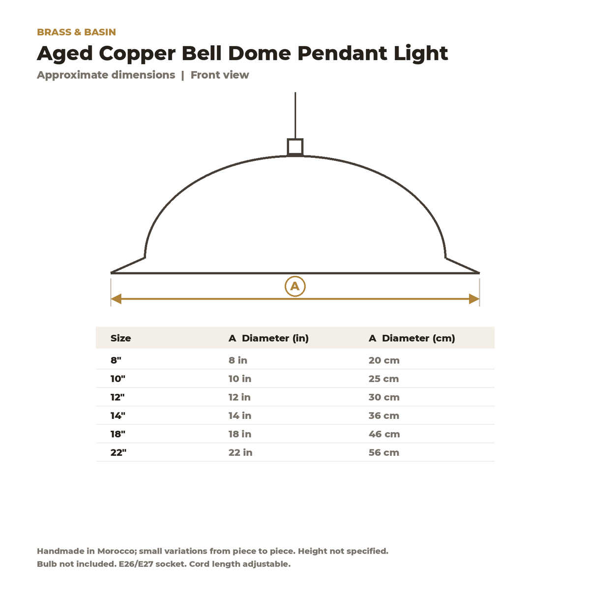 Dimension card for the aged copper bell dome pendant, 8 to 22 in diameter