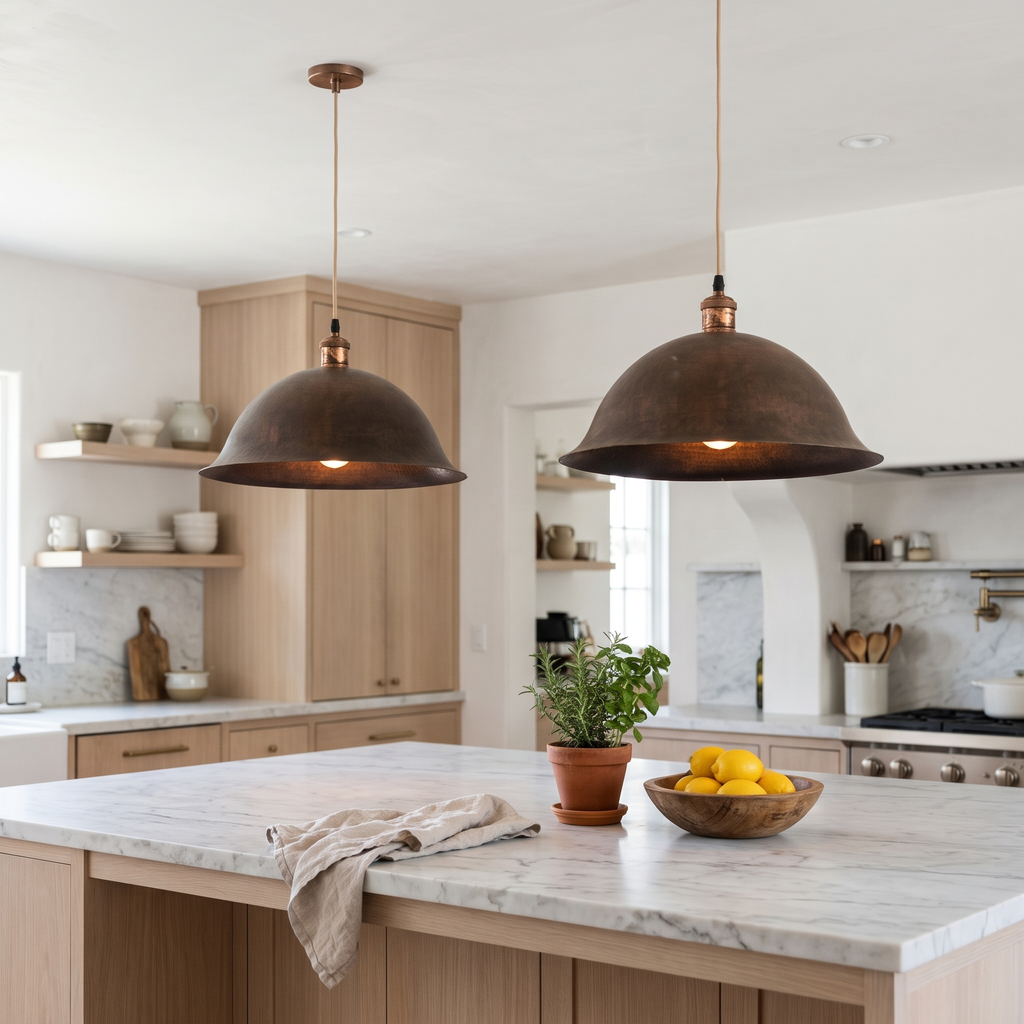 Two aged copper bell dome pendant lights over a white marble kitchen island
