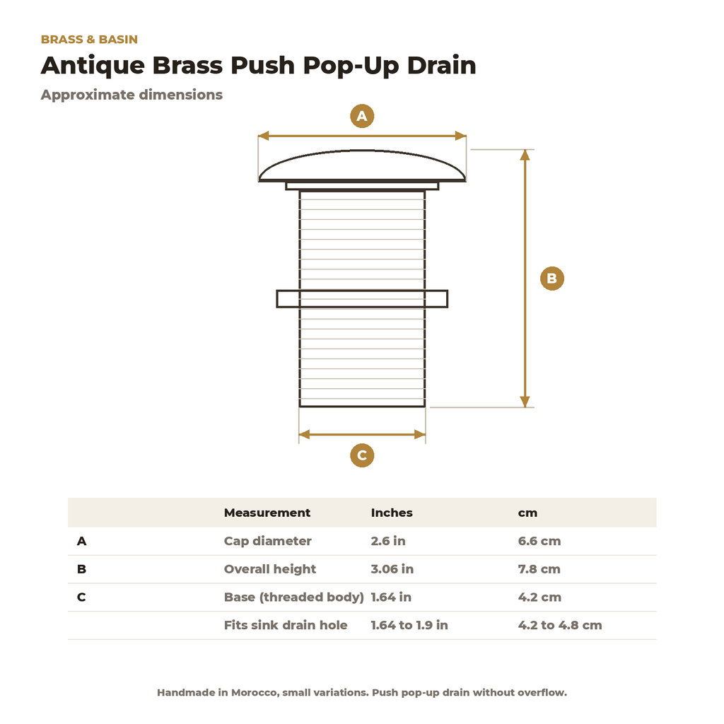 Antique brass push pop-up drain dimension chart