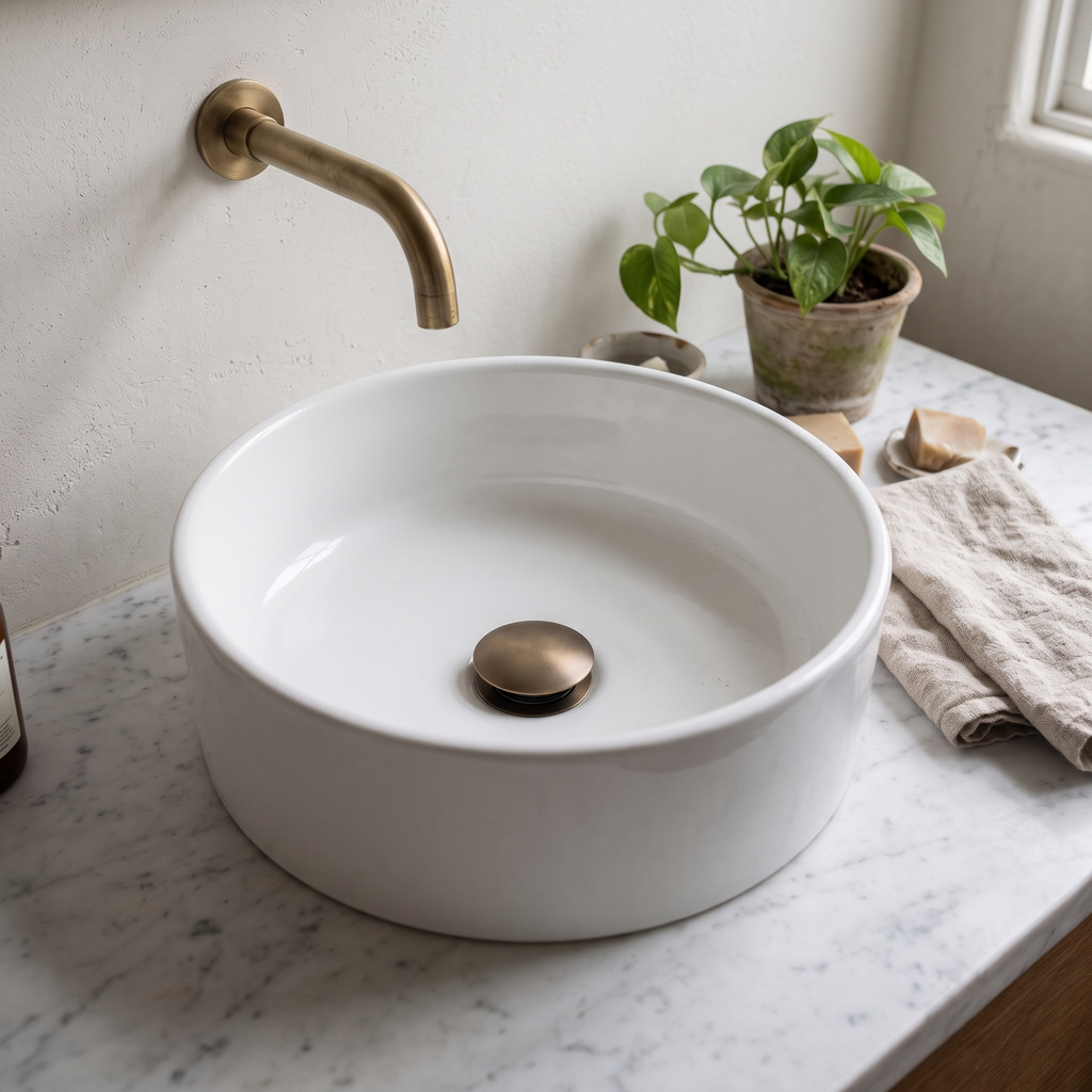 Antique brass pop-up drain in a white vessel basin on a marble vanity