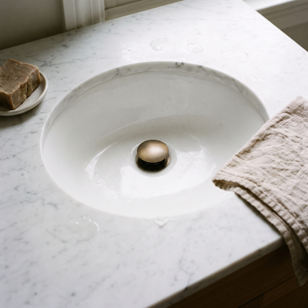 Antique brass drain cap in a white undermount basin with soap and linen