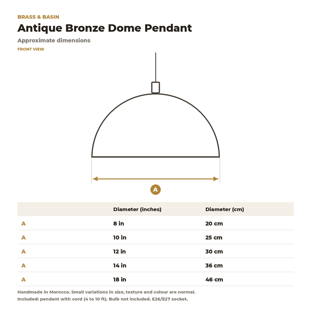 Antique bronze dome pendant dimensions, 8 to 18 in