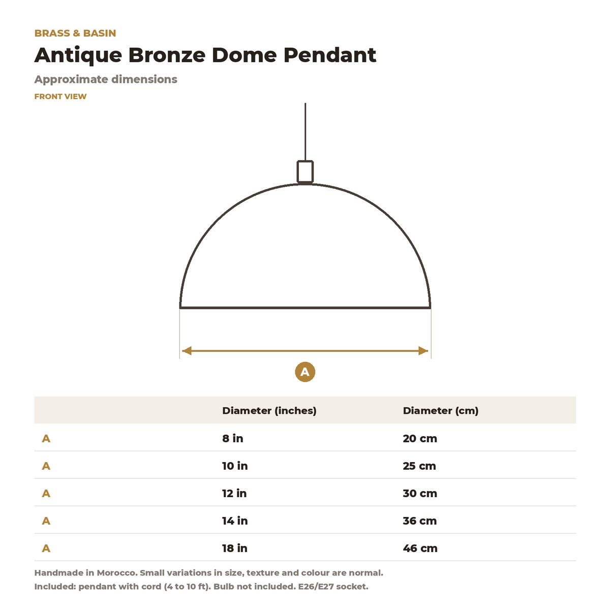 Antique bronze dome pendant dimensions, 8 to 18 in