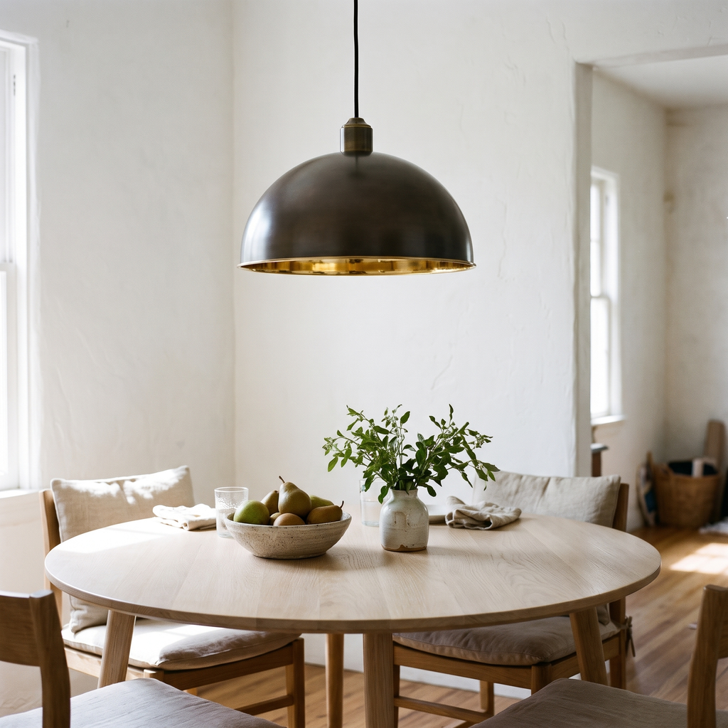 Antique bronze dome pendant over a round white oak dining table