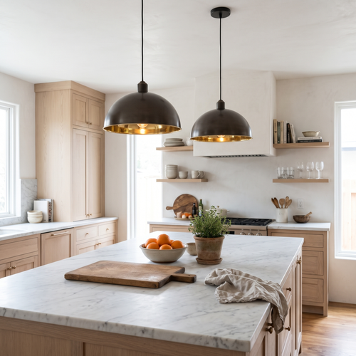 Two antique bronze dome pendant lights with brass interiors over a marble kitchen island