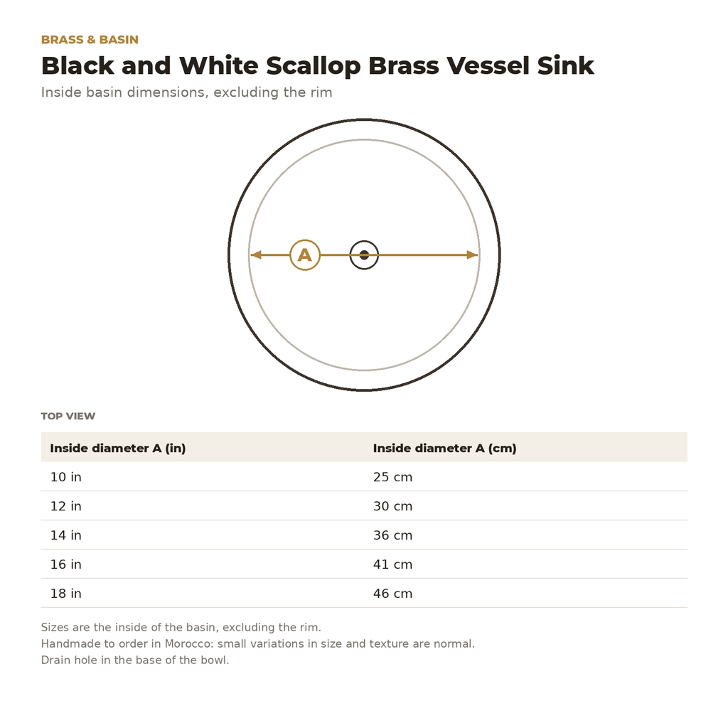 Black and White Scallop Brass Vessel Sink inside basin dimensions drawing