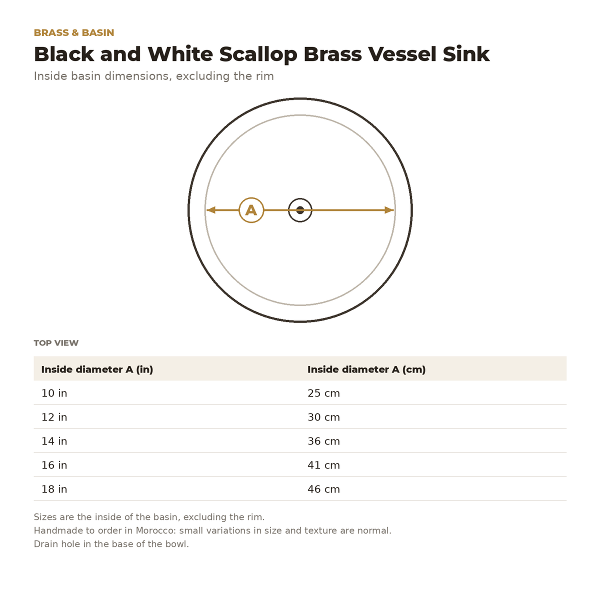 Black and White Scallop Brass Vessel Sink inside basin dimensions drawing