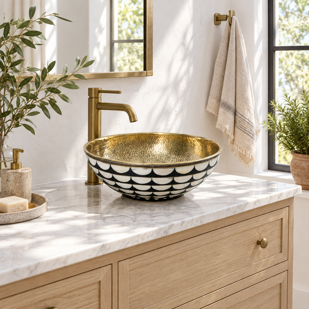 Black and White Scallop Brass Vessel Sink in a bright, airy bathroom