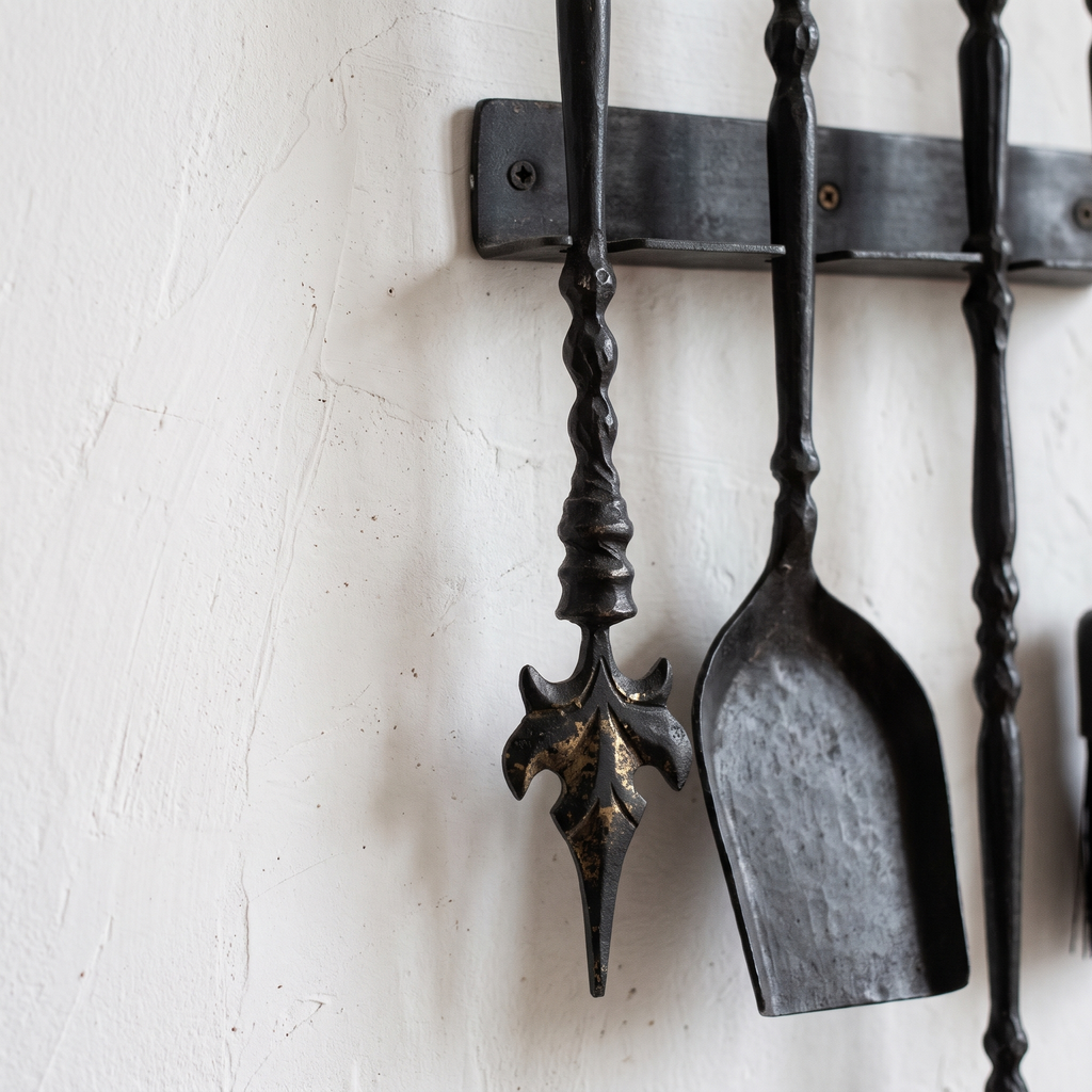 Close-up of the leaf-shaped poker tip and twisted handles in dark black brass