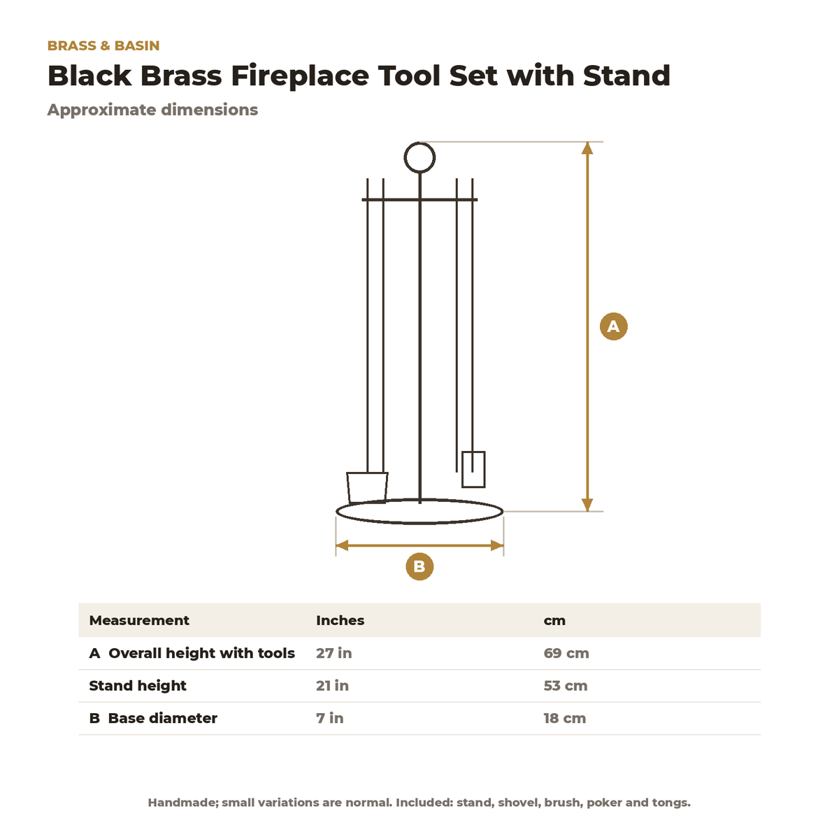 Dimension card for the black brass fireplace tool set with stand, 27 in tall