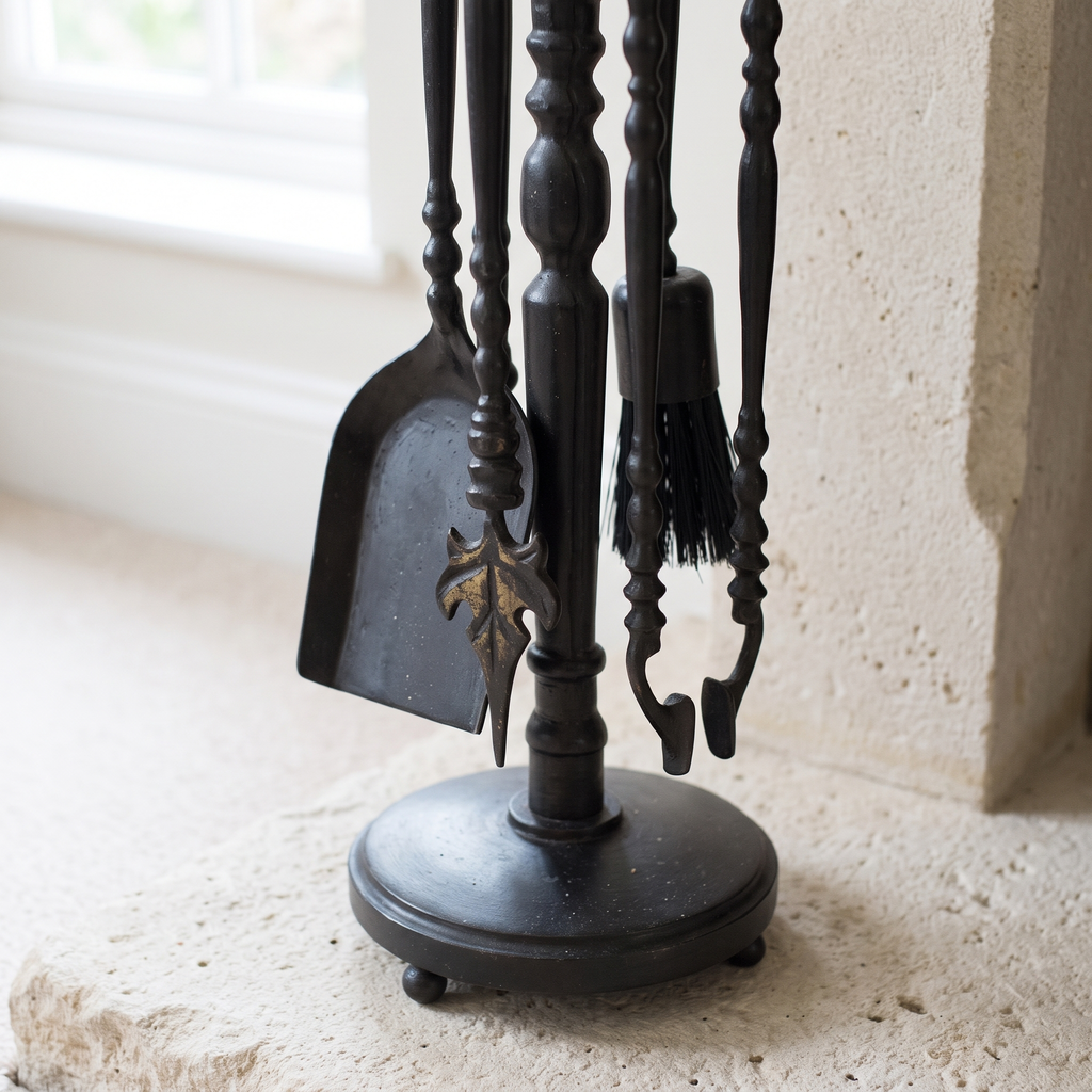 Close-up of the leaf-tip poker, twisted handles and round base on ball feet