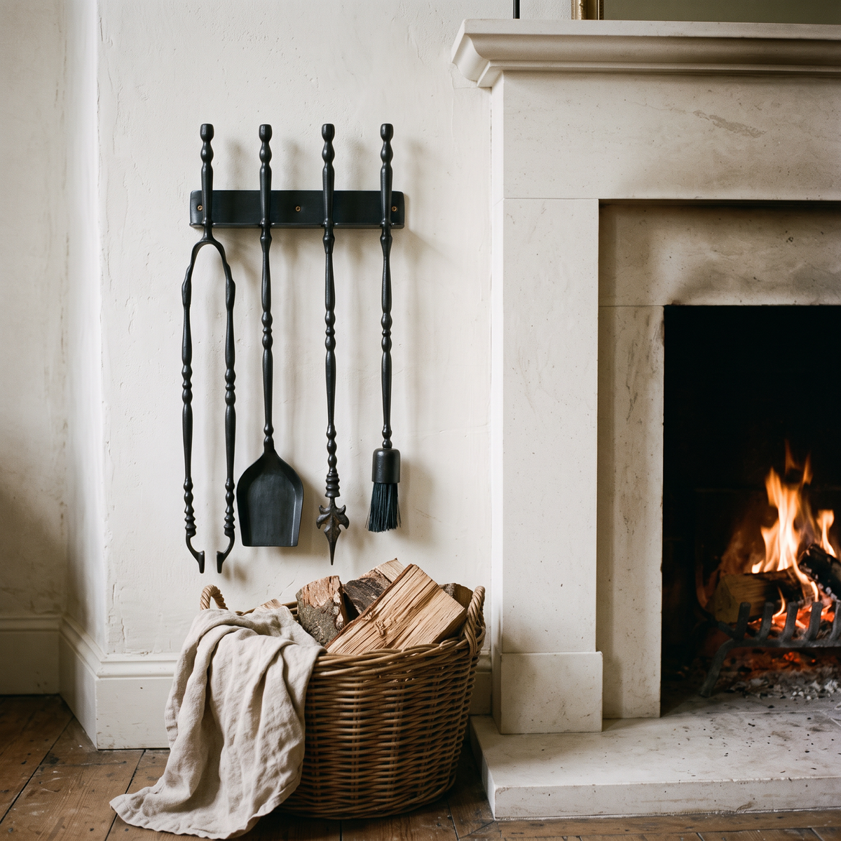 Dark black fireplace tools hung beside a limestone fireplace with a log basket
