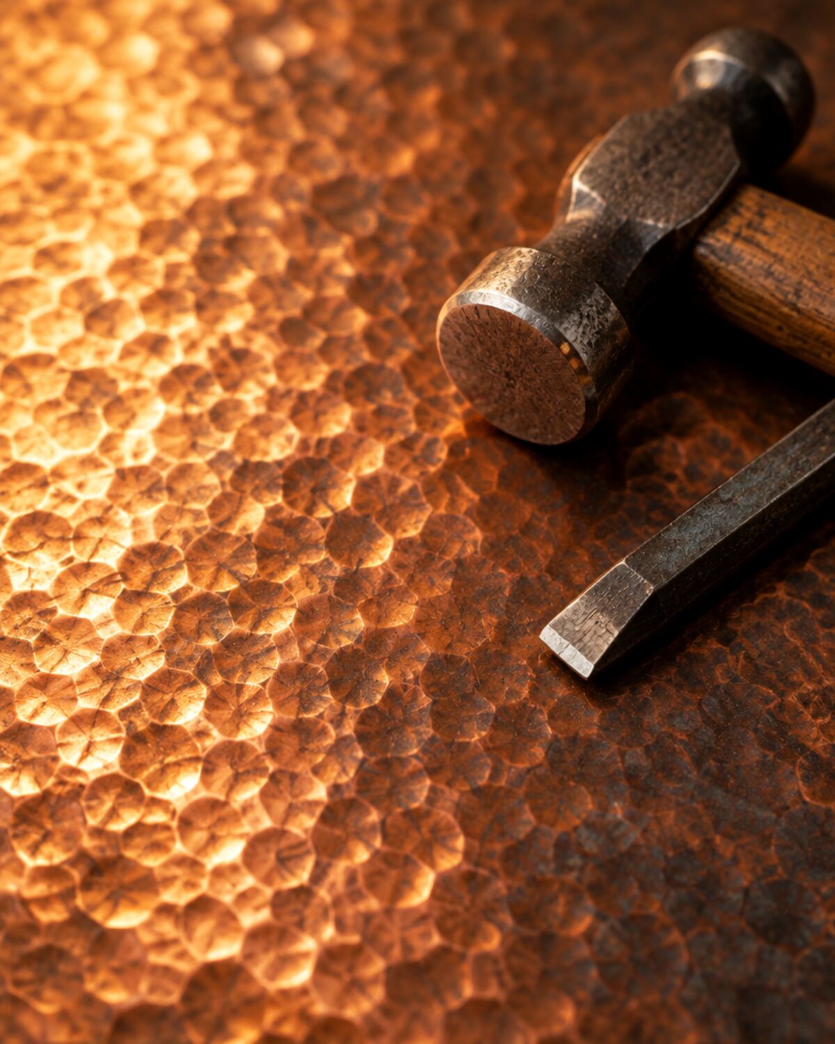 Close-up of hand-hammered copper texture with tools, Brass & Basin craftsmanship