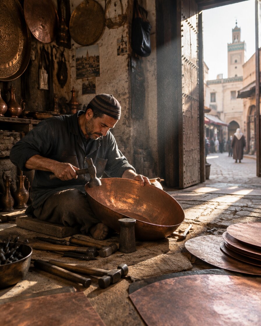 Artisan hand-hammering a copper basin in a traditional Fes Morocco workshop
