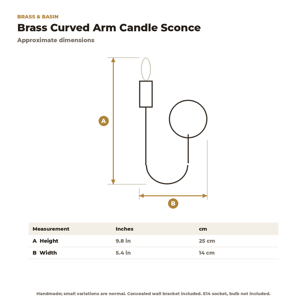 Dimension card for the brass curved arm candle sconce, 9.8 in tall