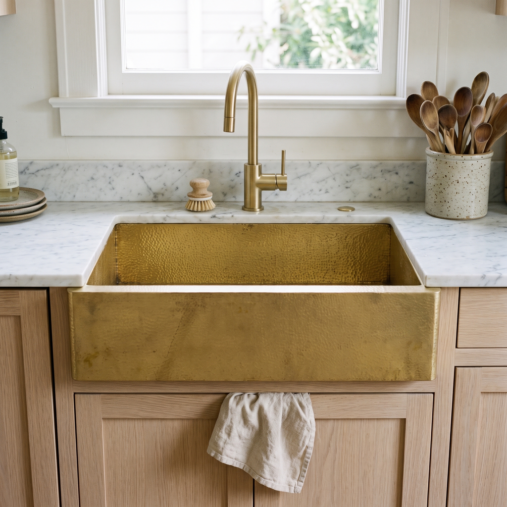 Brass farmhouse apron sink below a window in a bright white oak kitchen