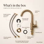 Brass faucet installation kit: faucet, braided supply hoses, mounting clips, escutcheon ring, stud and gasket