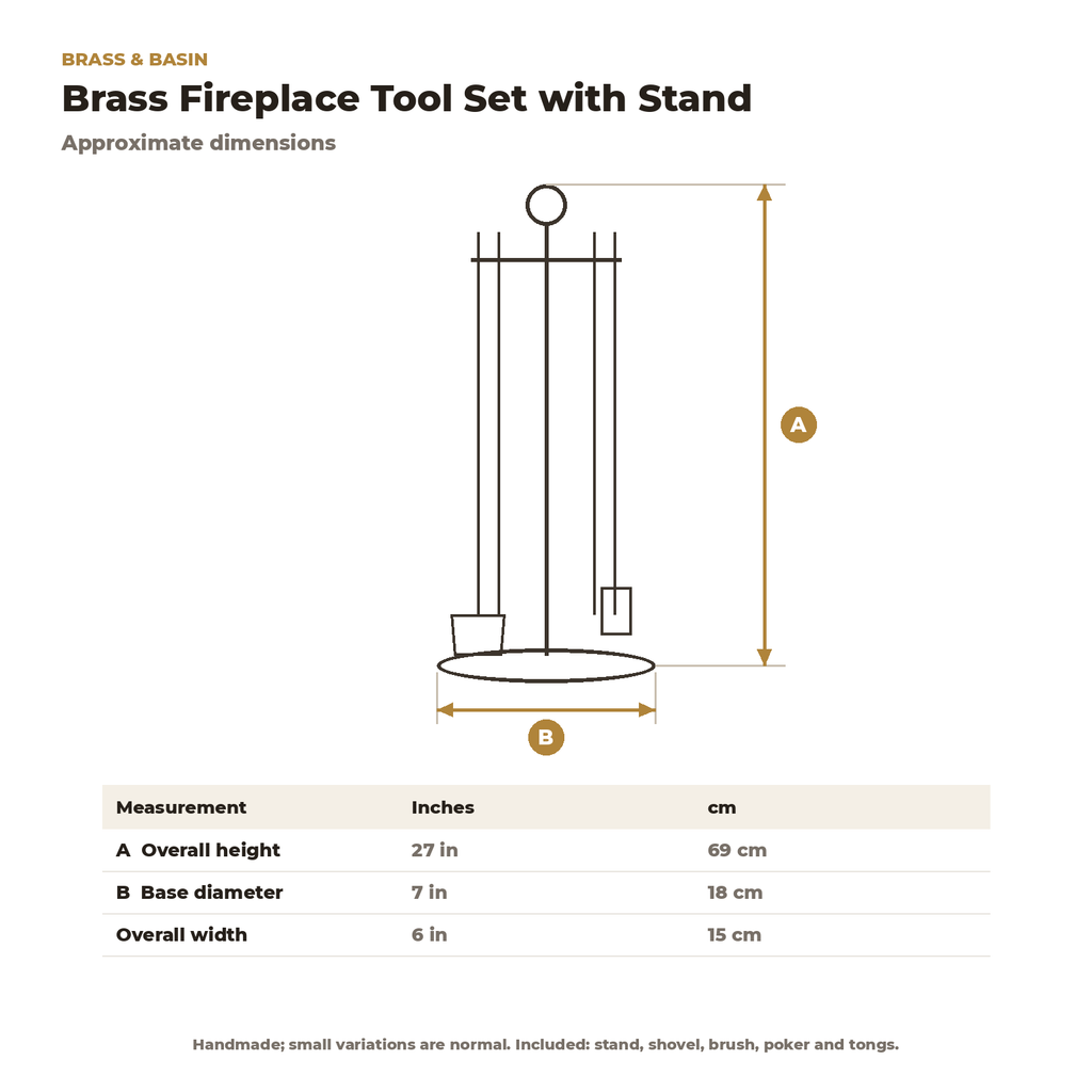 Dimension card for the brass fireplace tool set with stand, 27 in tall with 7 in base