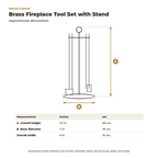 Dimension card for the brass fireplace tool set with stand, 27 in tall with 7 in base