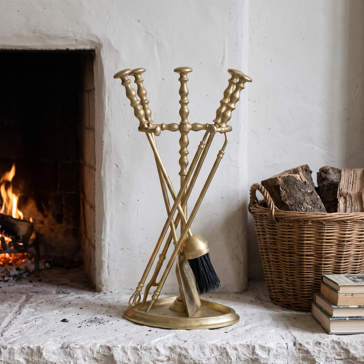 Brass fireplace tool set on a limestone hearth beside a fire and a log basket