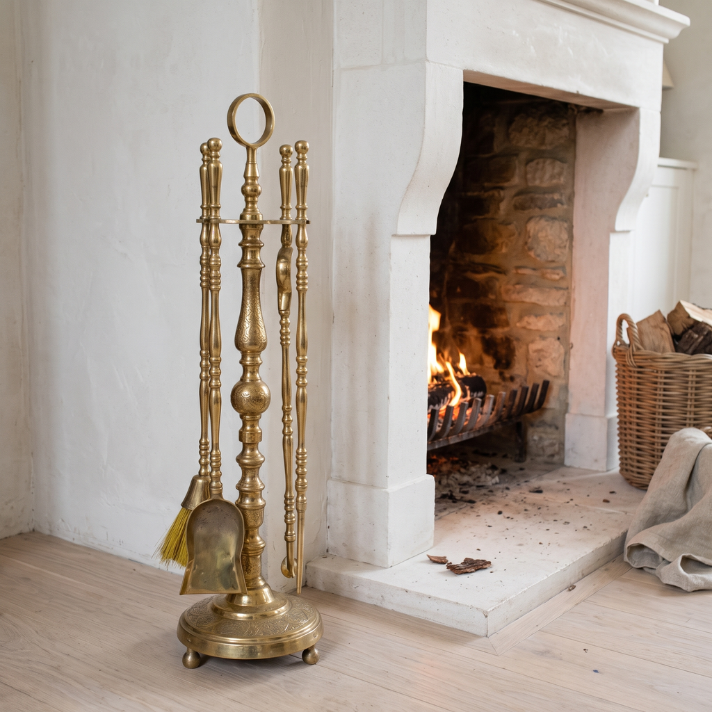 Brass fireplace tool set standing beside a limestone fireplace with a log basket