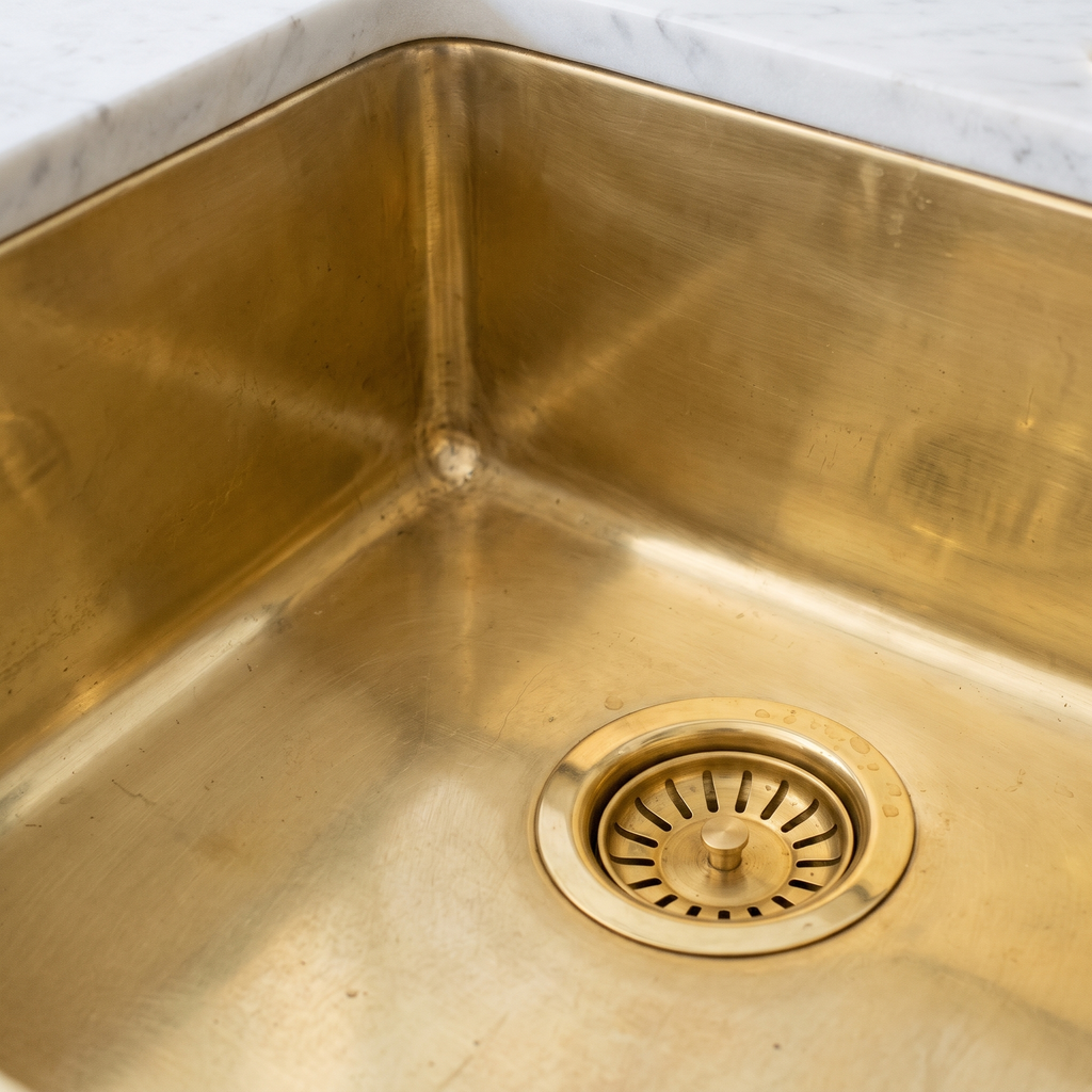 Close-up of welded brass corner and brass basket strainer