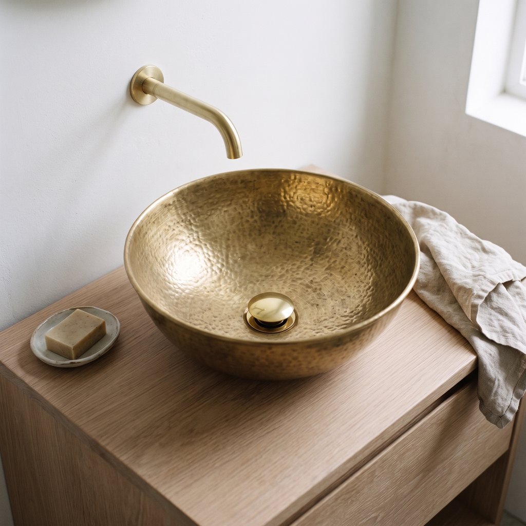 Brass push-up drain in a hammered brass vessel sink on a white oak vanity