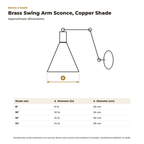 Dimension card for the brass swing arm sconce, 8 to 14 in copper shade
