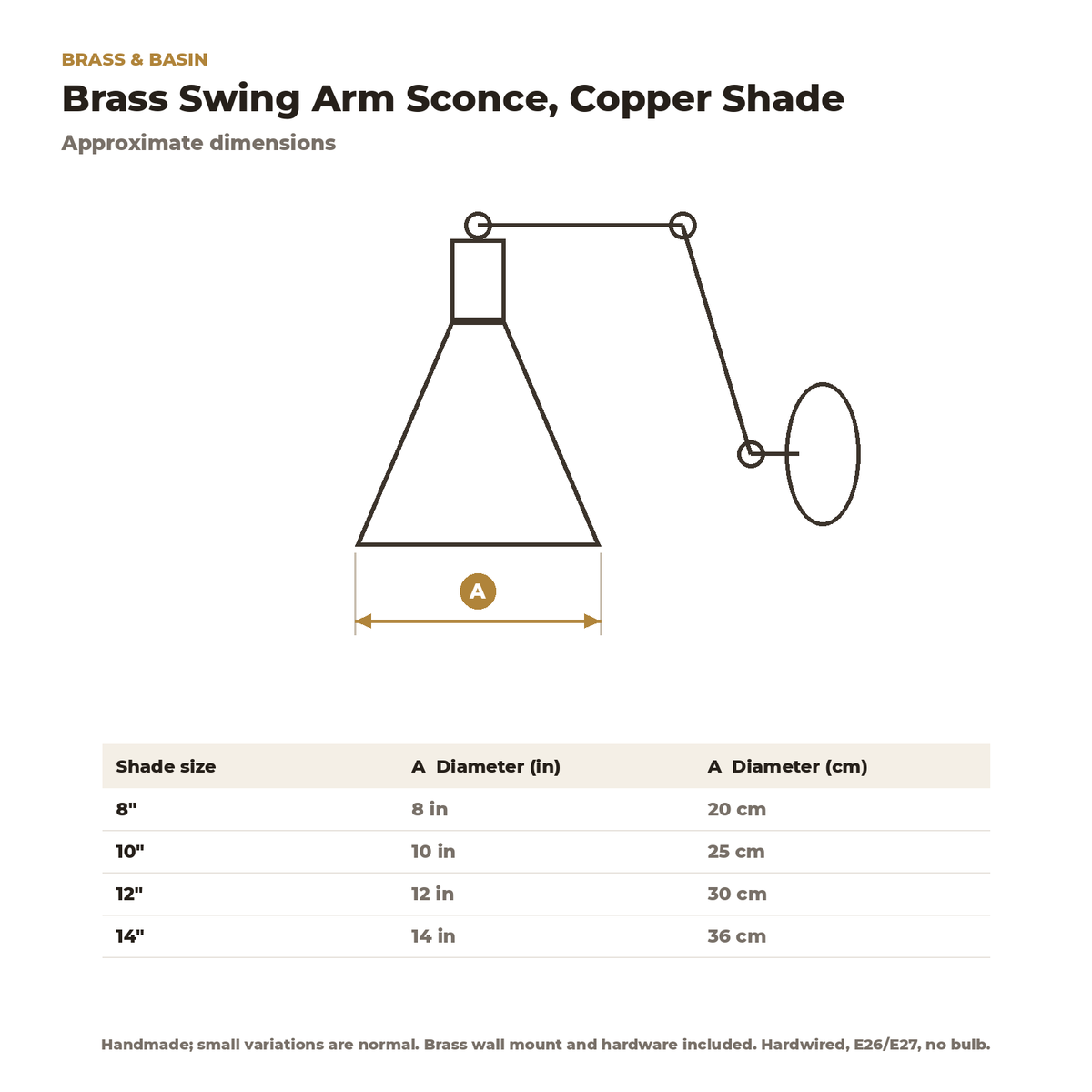 Dimension card for the brass swing arm sconce, 8 to 14 in copper shade