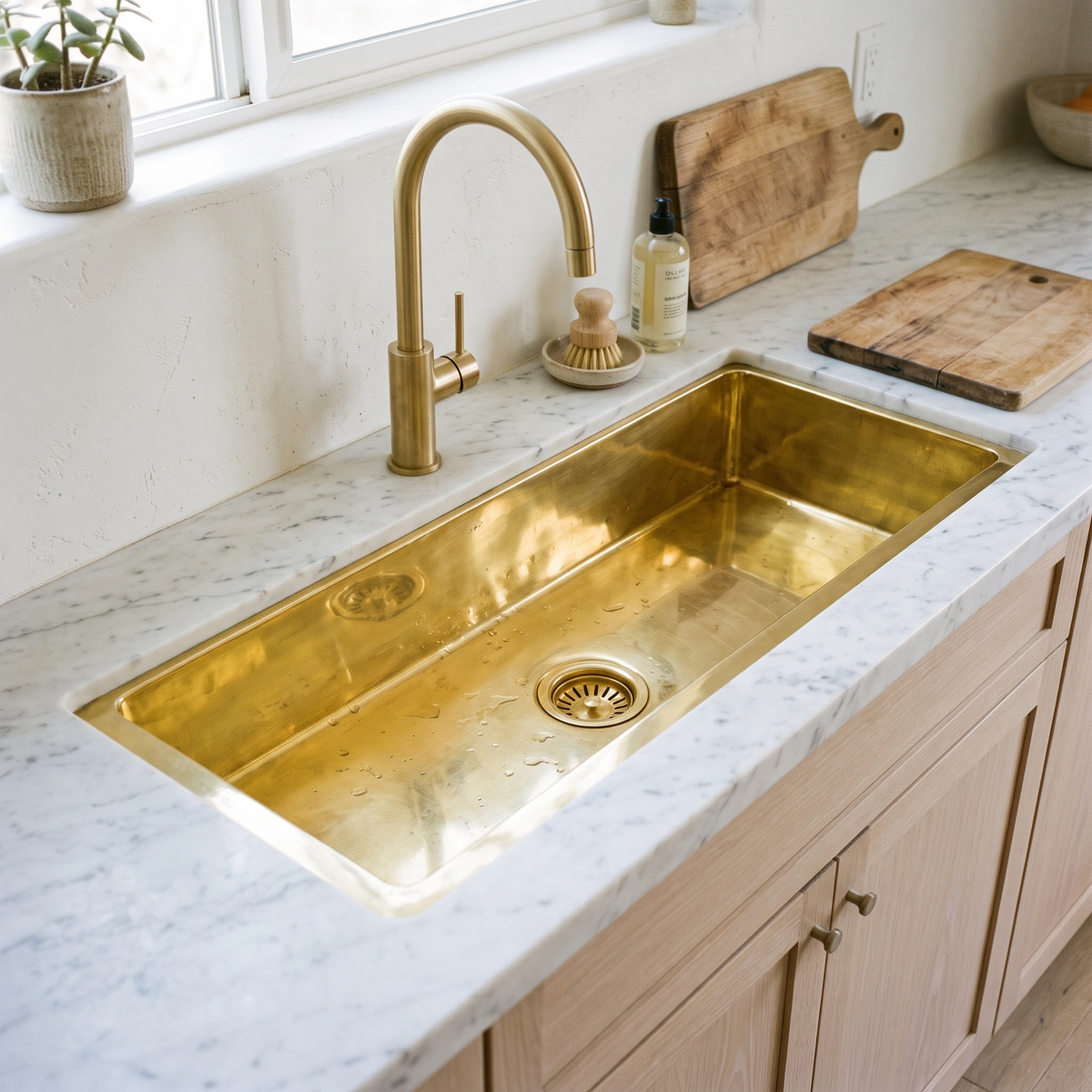 Brass undermount prep sink with brass basket strainer in a bright white oak kitchen