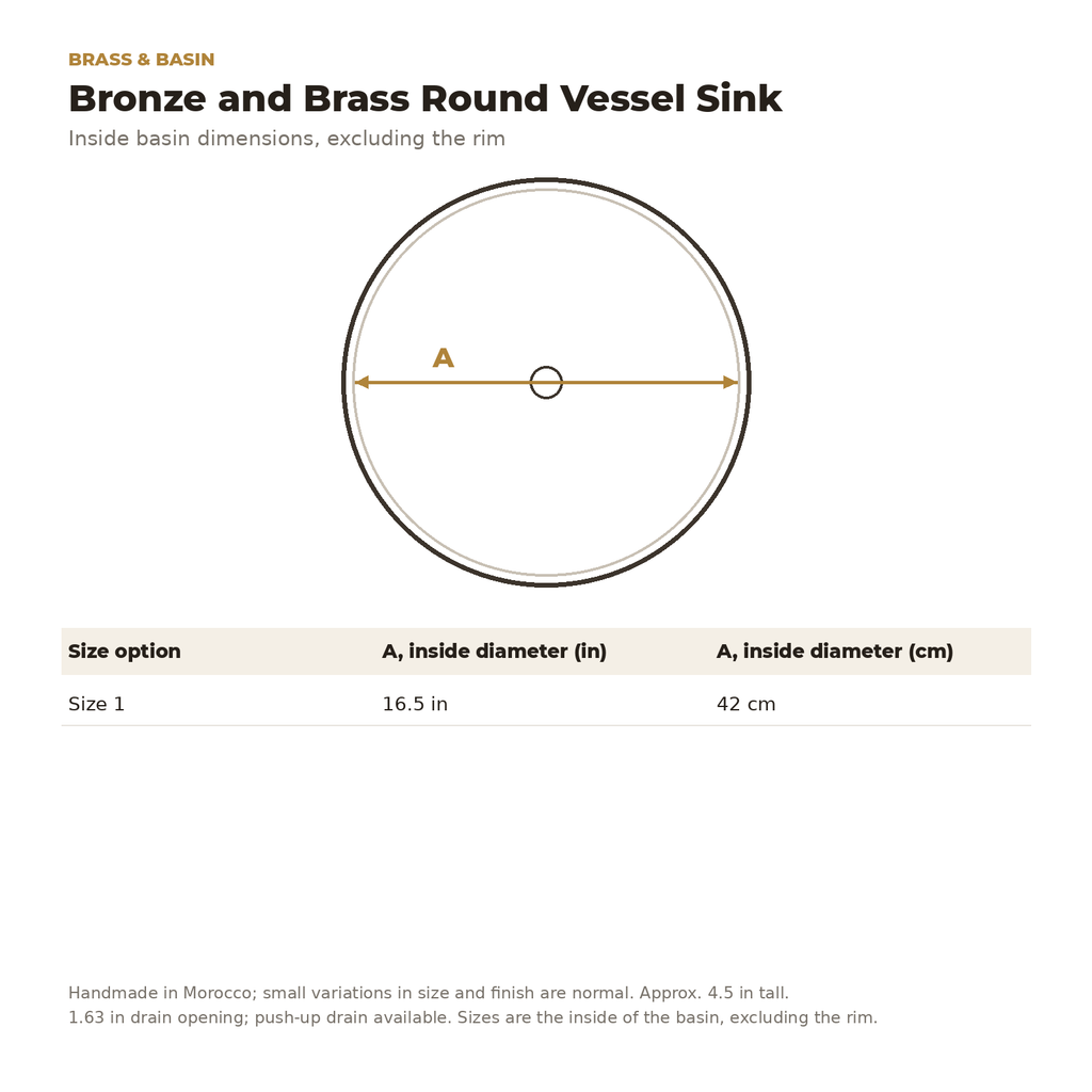 Inside diameter of the bronze and brass round vessel sink