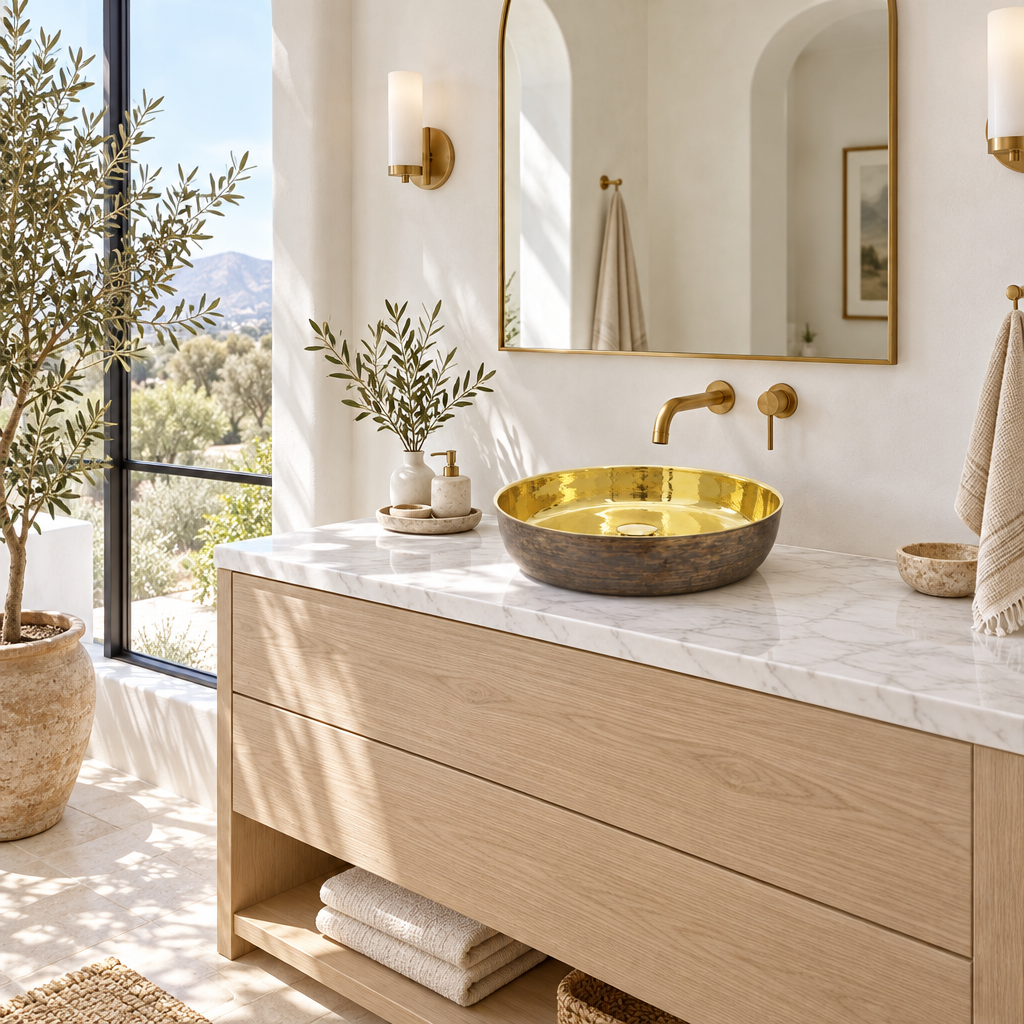 Bright California bathroom with a bronze and brass vessel sink on a white oak vanity