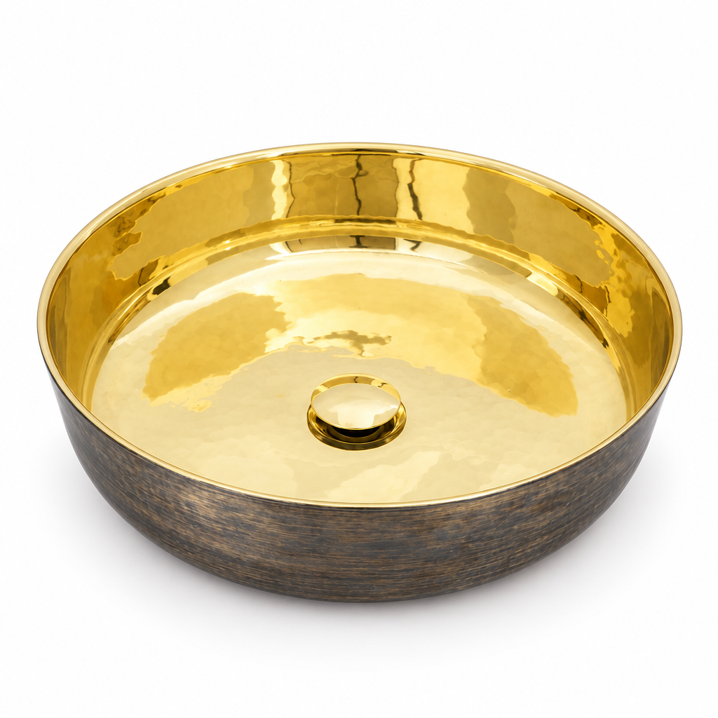 Round vessel sink with polished brass interior and bronze exterior on a white background